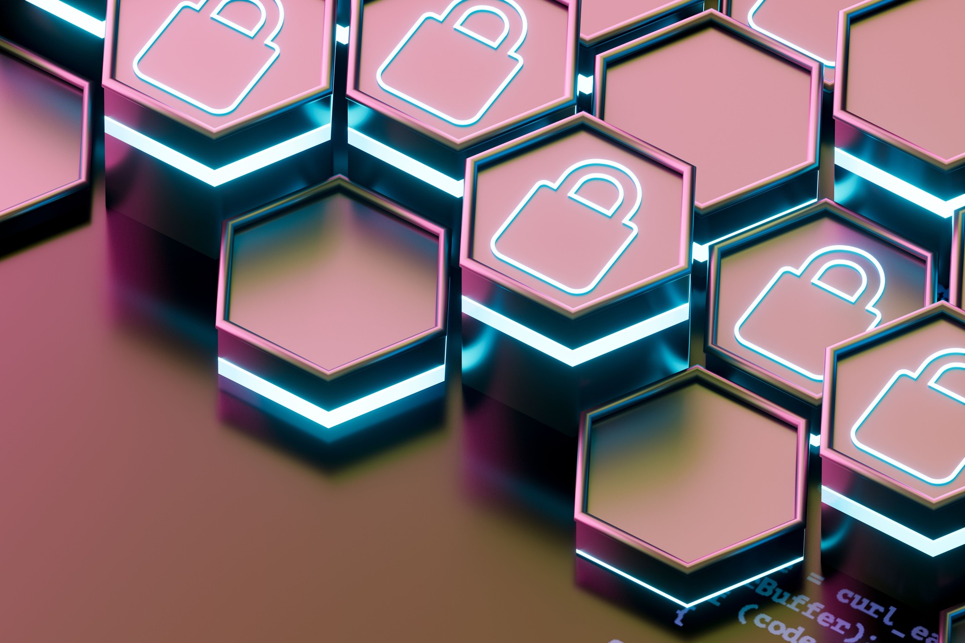 Cyber security concept, security system with padlock on hexagon blocks