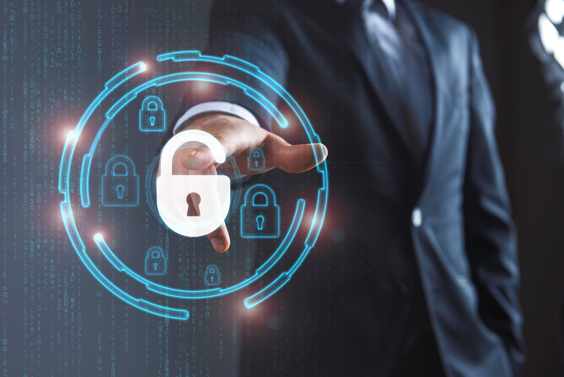 Businessman is touching lock on digital screen , Internet Security concept
