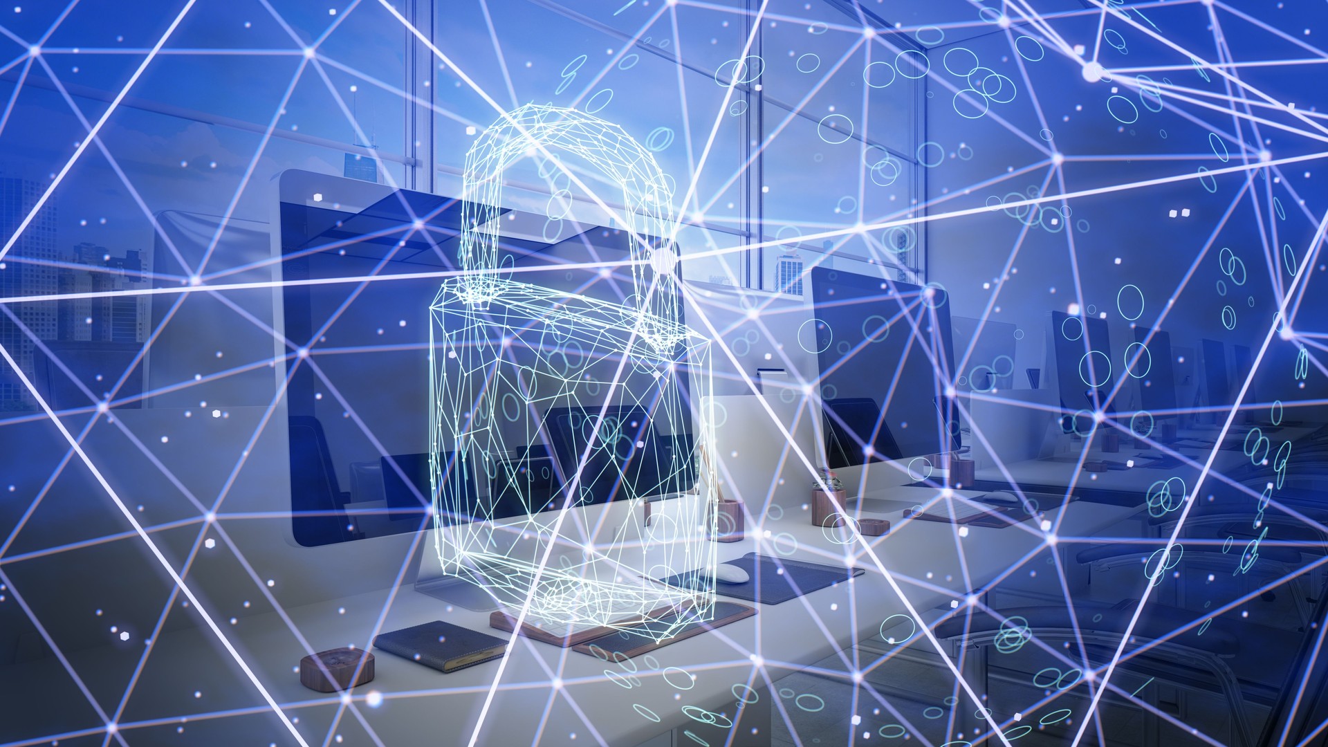 Data Security Concept  Double Exposure Padlock and Network with Office